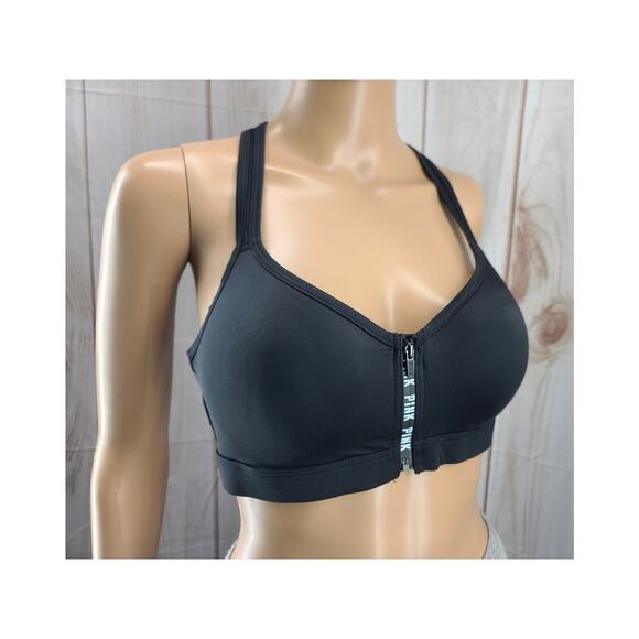 Victoria's Secret Large PINK Ultimate Push-Up Sport Bra Black Zip Front Strappy - Picture 3 of 7